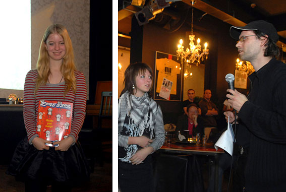 Links: tweedeprijswinnares Laura Clabbers. Rechts: Tess Bernart (eervolle 
	vemelding) en voorzitter Marcel Ruijters.