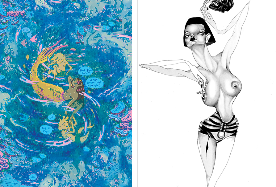 Links: fragment uit Thee door Lae Schäfer. Rechts:
I'll Touch Myself, Jowy Maasdamme.